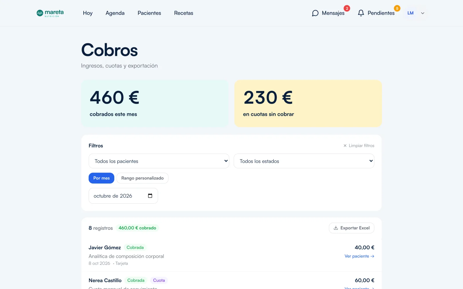 Página de facturación con lo cobrado este mes y las cuotas sin cobrar