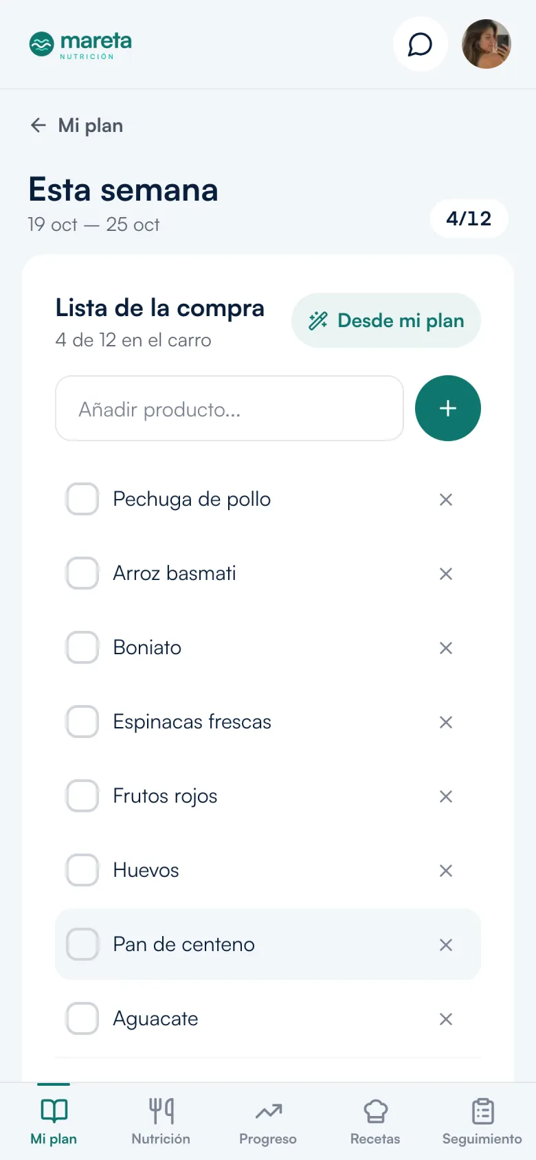 App del paciente: lista de la compra generada desde el plan