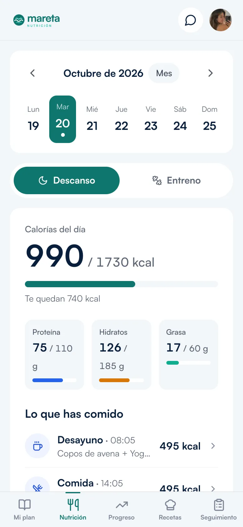 App del paciente: registro de comidas con kcal y macros del día