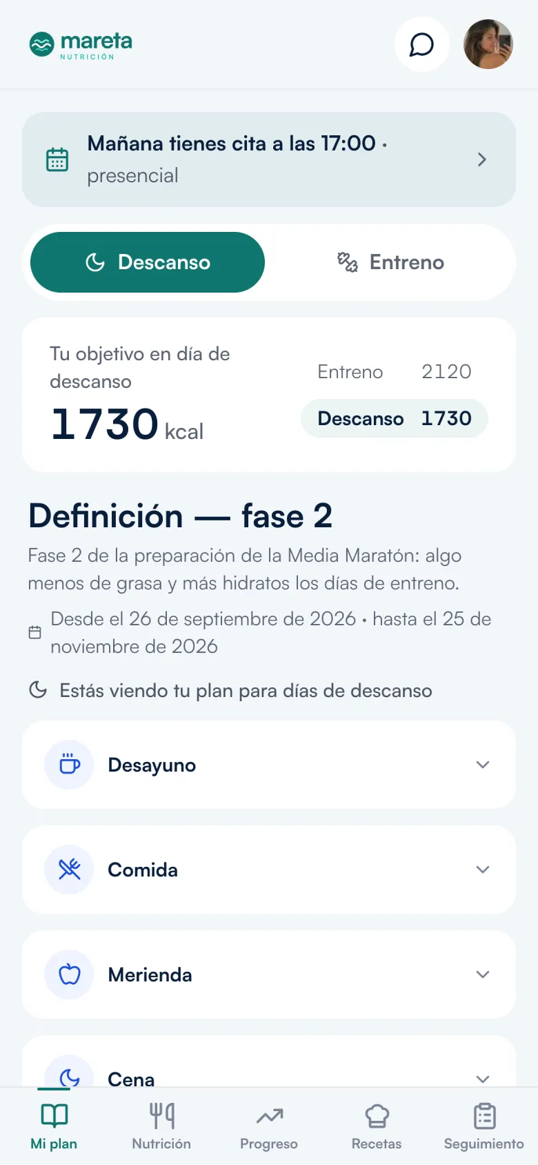 App del paciente: su plan del día con el objetivo de kcal